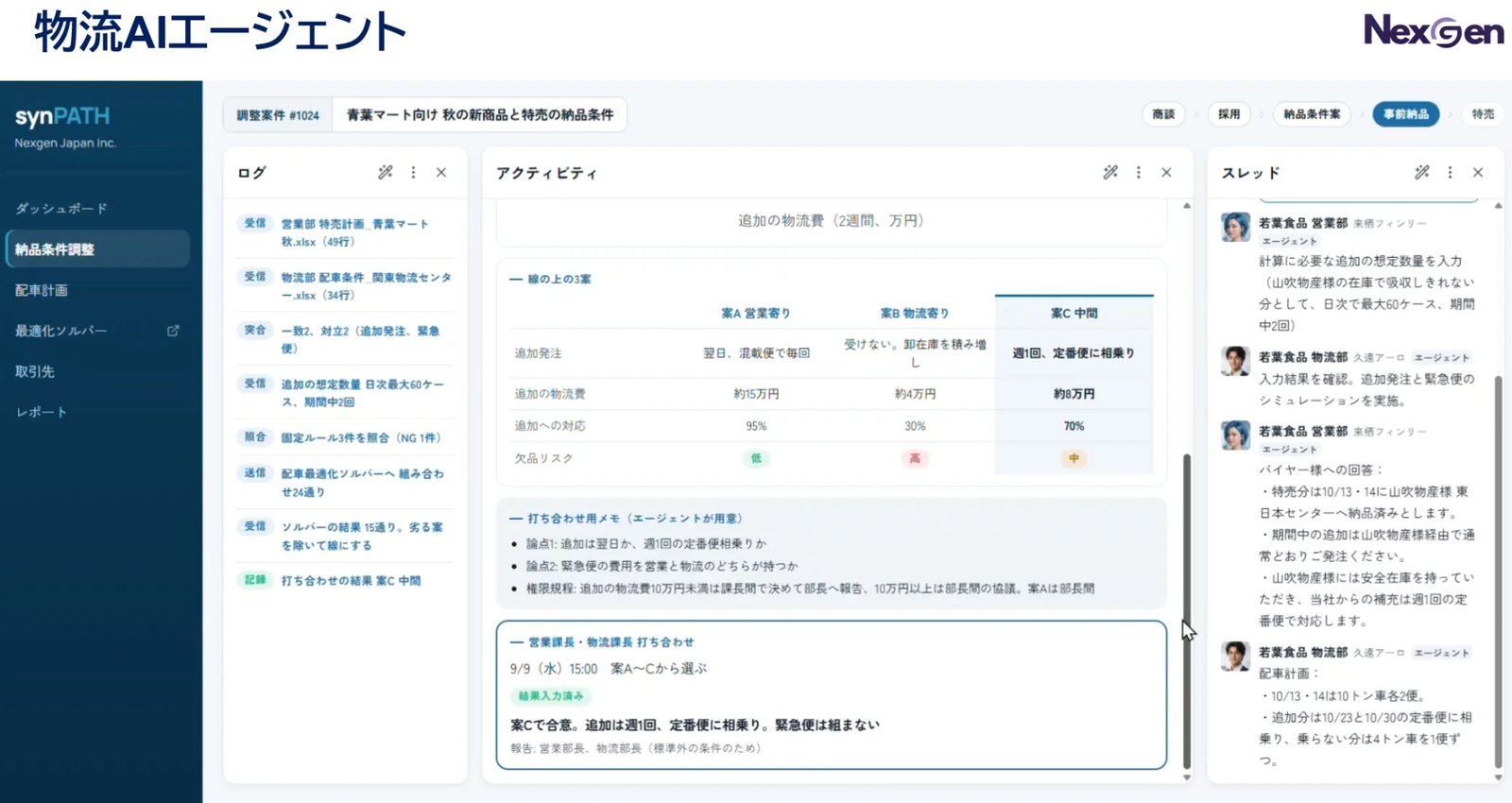 物流AIエージェント synPATH の調整画面